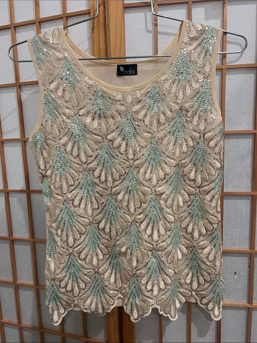 Embellished Cream & Light Blue Beaded Tank Top